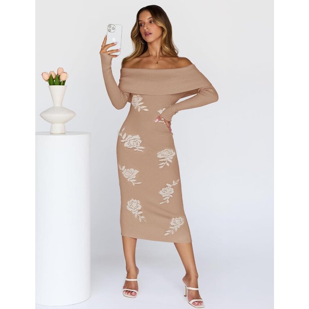 Women Off Shoulder Bodycon Sweater Dress Long Sleeve Party Midi Dress Khaki - Picture 3 of 9